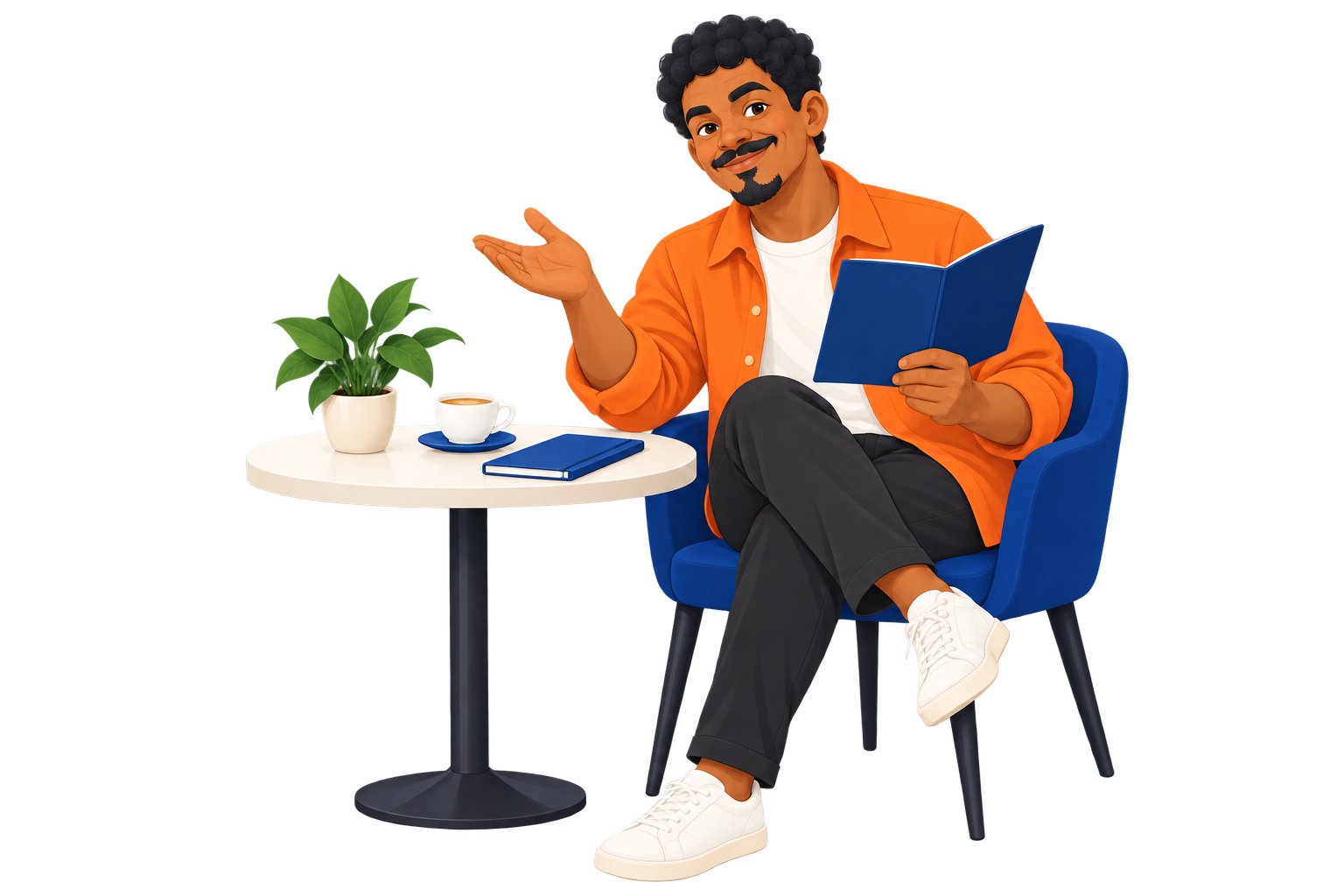 Chicão, o tutor brasileiro do xingles, com camisa laranja e um menu azul, sentado à mesa de um café.